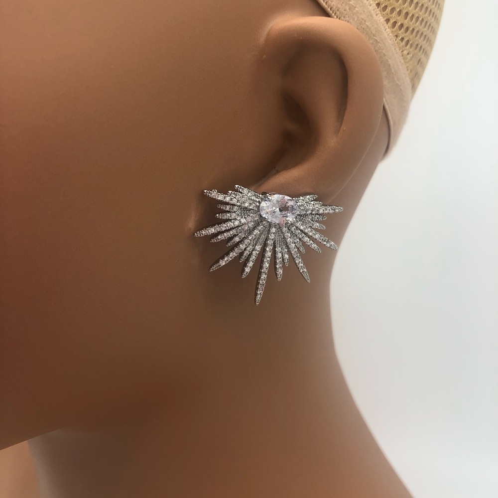 Silver Starburst Cluster Rhinestone Earrings - Picture 7 of 8